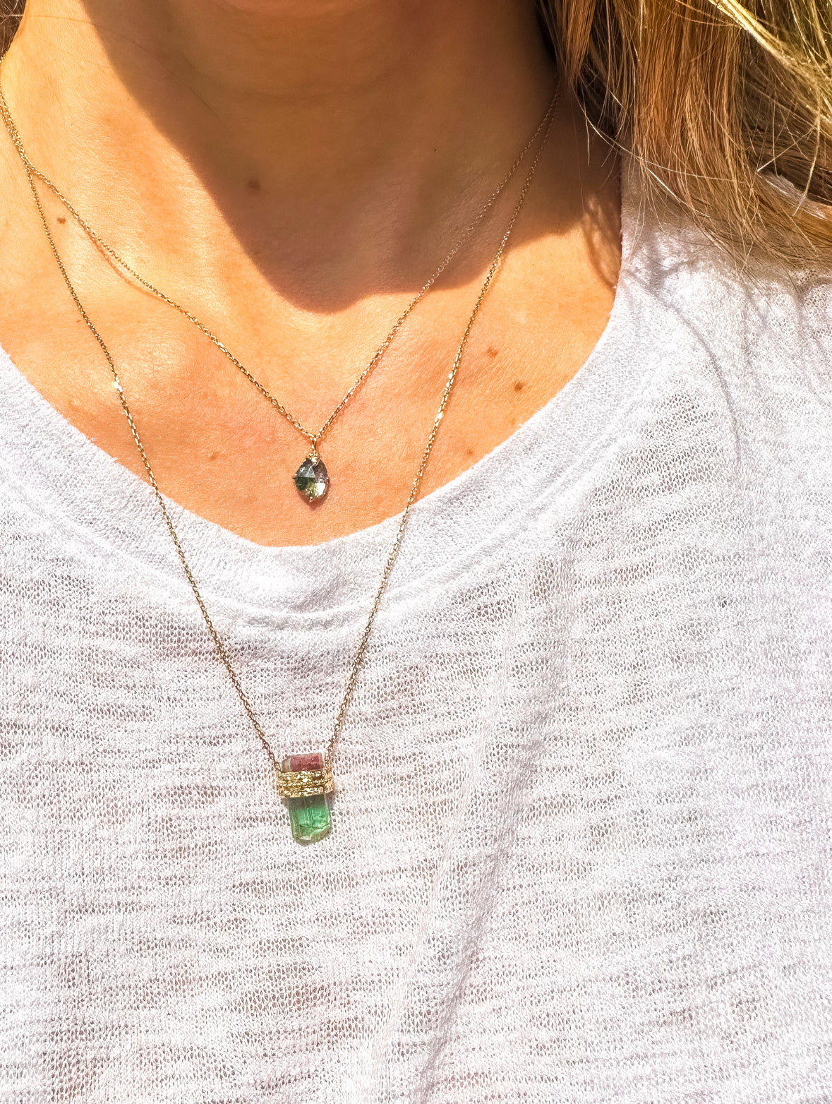 Rough Watermelon Tourmaline Pencil & Diamonds Necklace