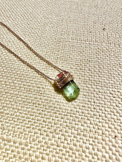 Rough Watermelon Tourmaline Pencil & Diamonds Necklace