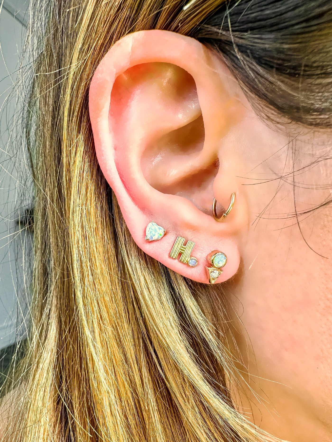14k yellow gold initial stud earring H opal october birthstone Alexa Sidaris 