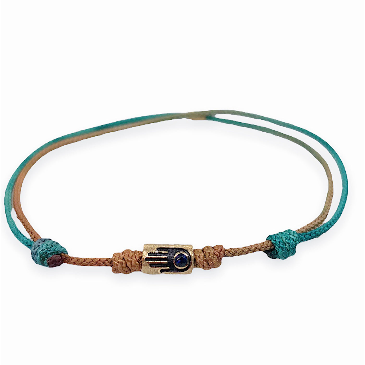 Gold Hamsa Relief With Sapphire Cord Bracelet