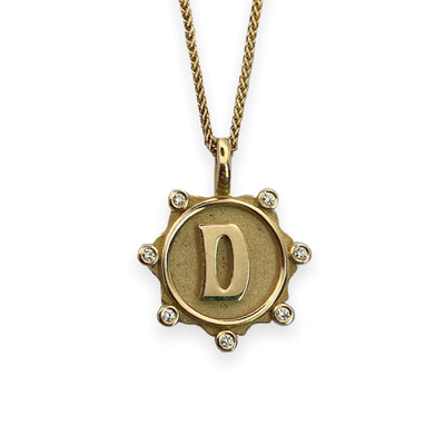 14k yellow gold coin medallion initial necklace diamonds