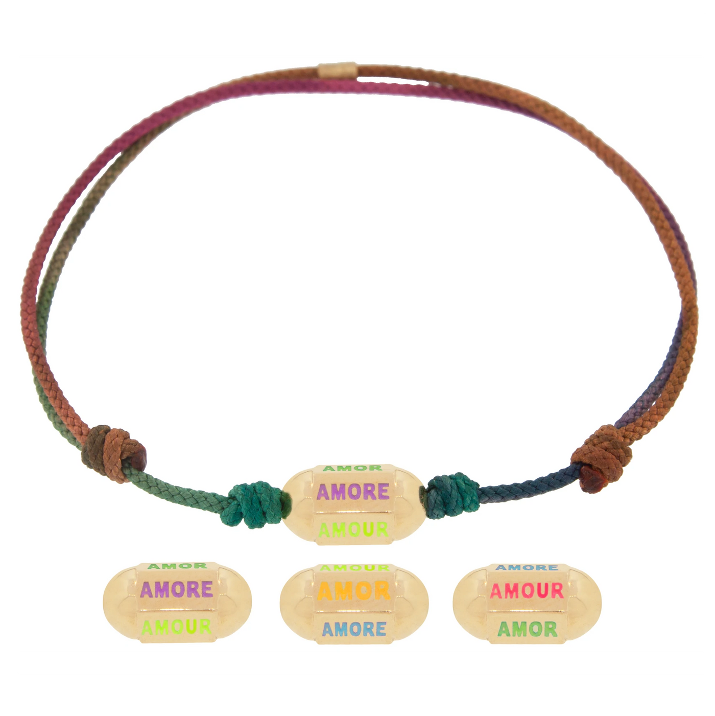 silk rainbow neutral cord bracelet hexagon 14k yellow gold bolt enamel Amor Amour Amore